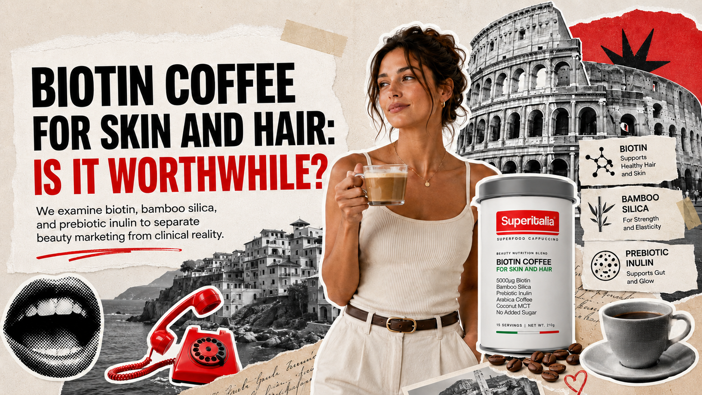 A steaming cup of Superitalia Beauty & Glow cappuccino on a modern stone countertop, surrounded by natural bamboo leaves and prebiotic inulin powder, representing science-backed beauty from within.