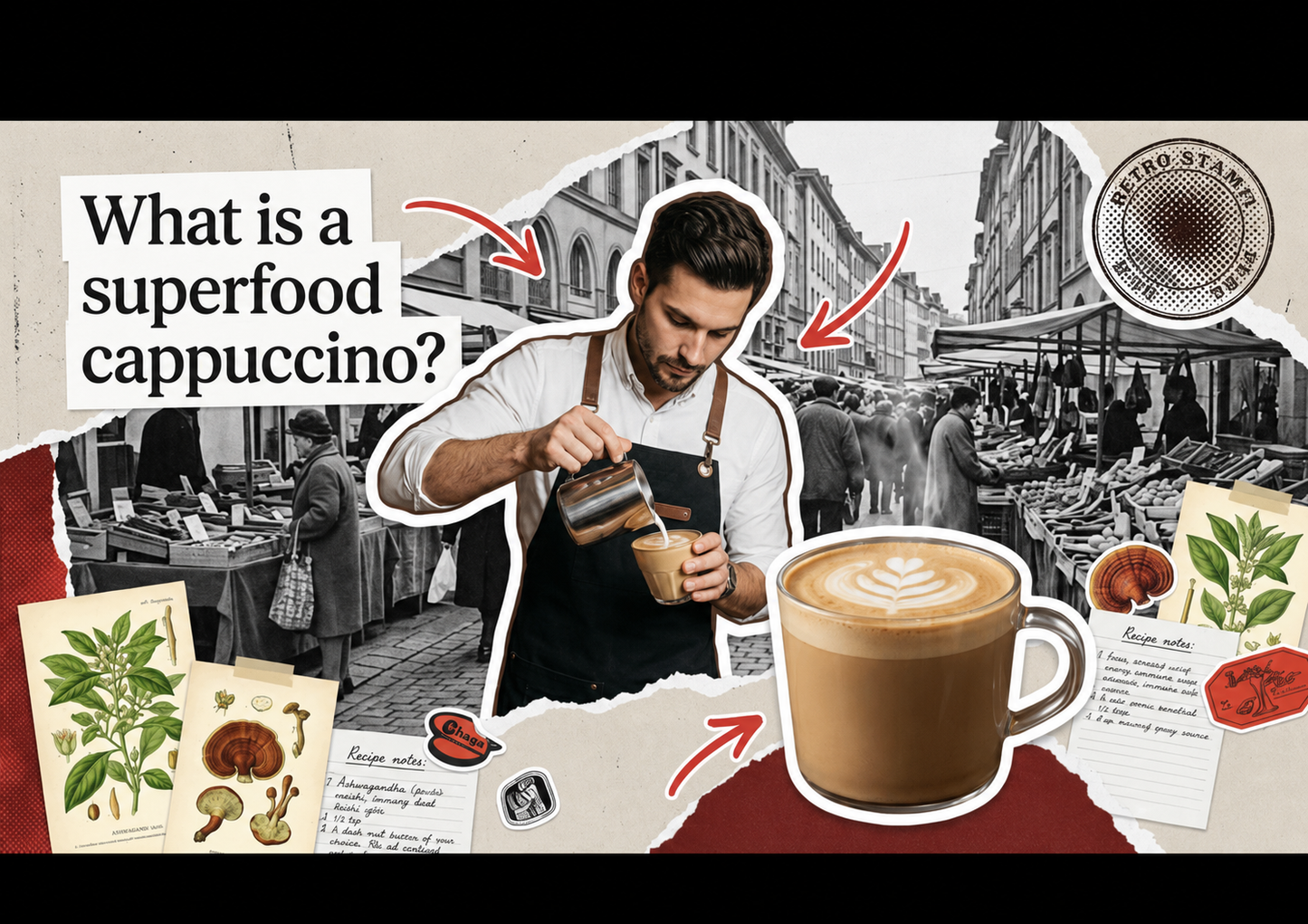 A steaming cup of functional superfood cappuccino with a dense microfoam, surrounded by oat extracts, Lion's Mane mushroom, and Ashwagandha root.
