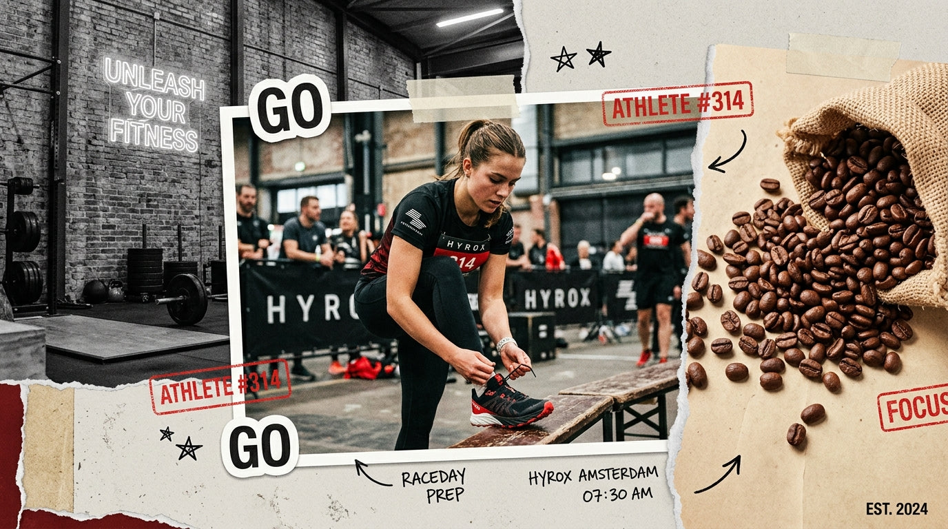 A HYROX athlete preparing a functional pre-workout cappuccino with Superitalia Sustained Energy Boost before a race.